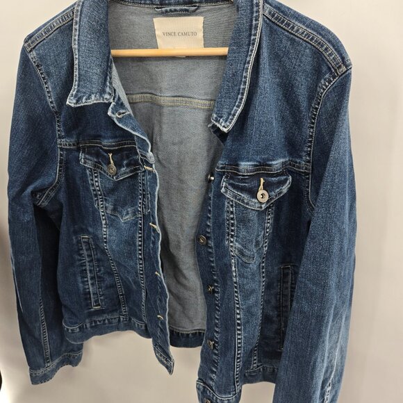 Vince Camuto Blue Denim Medium Wash Button Front Shorter Fit Trucker Jacket XL - Picture 10 of 12